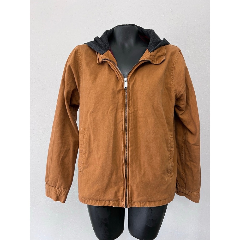 VTG Chore Coat Mens Small Brn/Bk Canvas Hood Full Zip Flannel Lined Y2K Outdoors